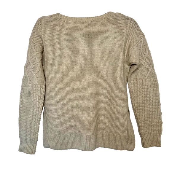 Madewell Beige Merino Wool Cable Knit Crew Neck Long Sleeve Pom Pullover Sweater - Picture 3 of 11
